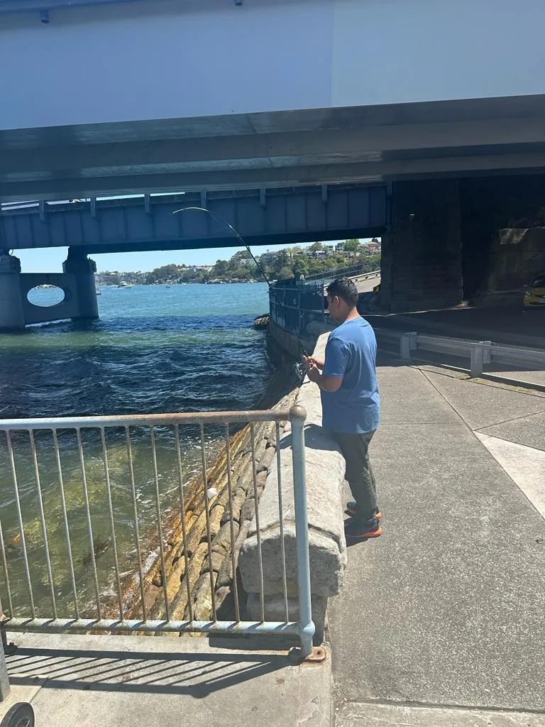 A Focus participant fishing from the river walkway on a clear day.